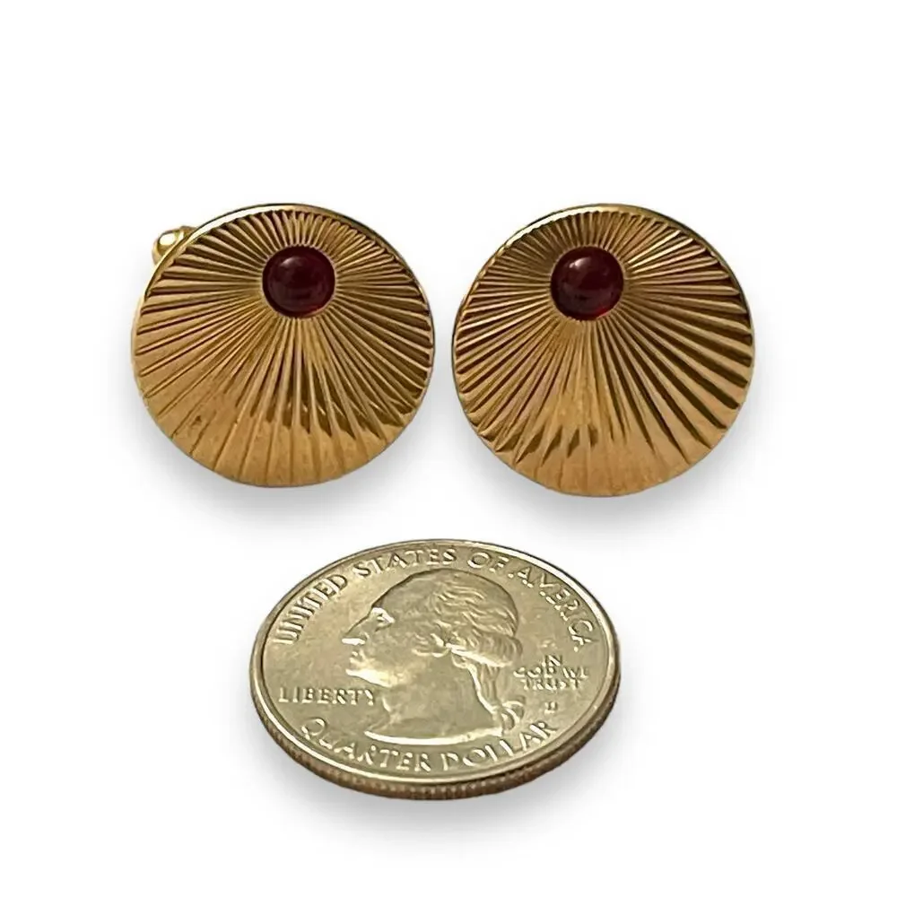 Vintage Hickok Cufflinks Mens Gold Tone Red Glass Cabochons Art Deco Signed USA